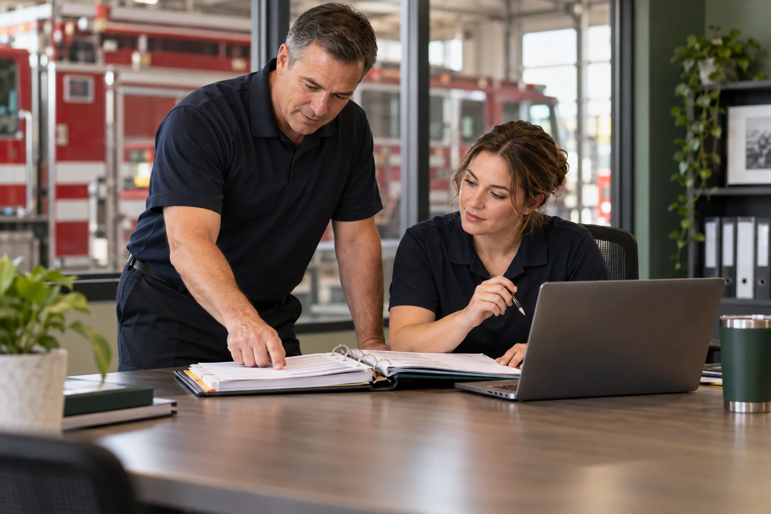 Fire department colleagues reviewing a policy binder and laptop in a station office