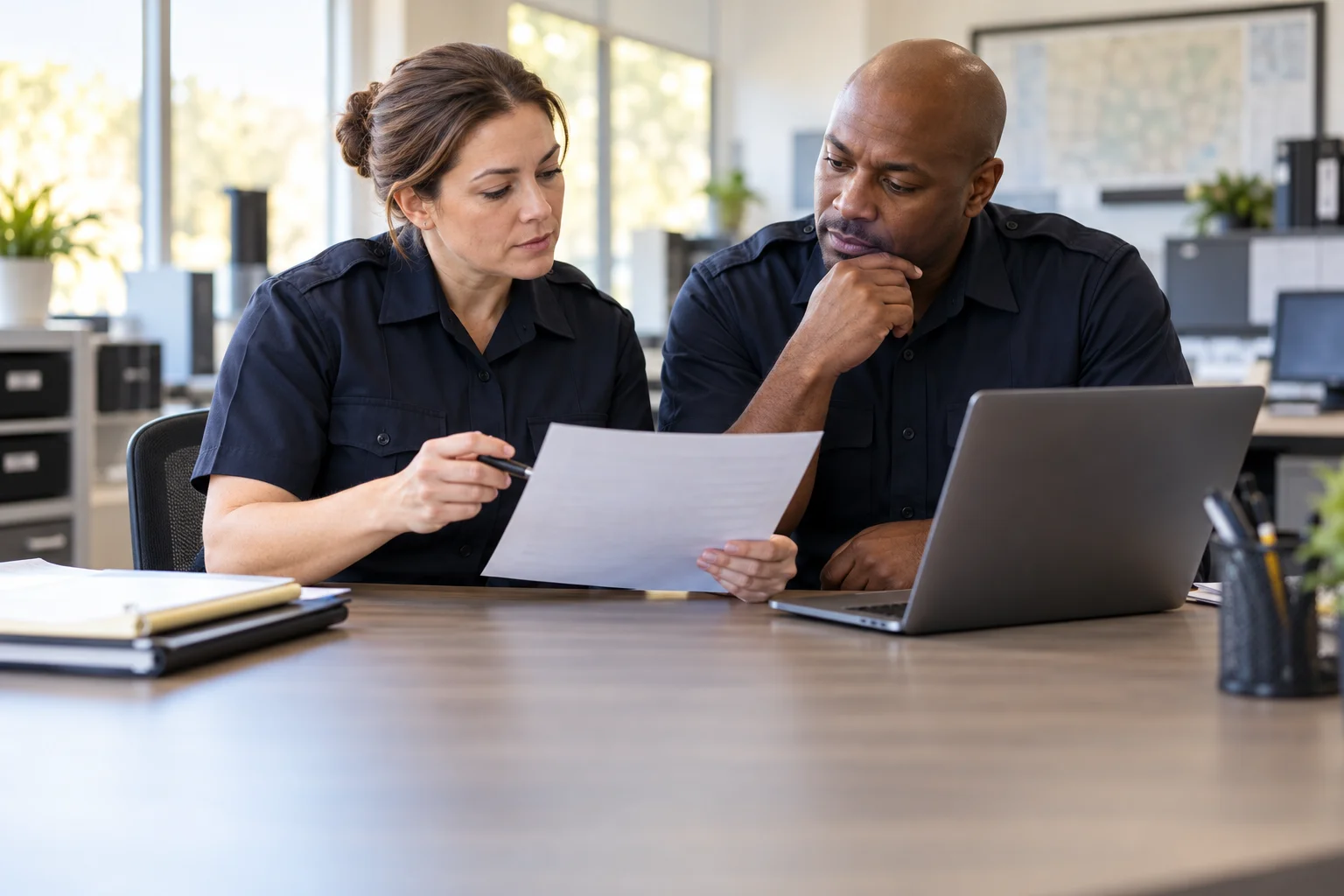 Agency supervisors reviewing a policy document together in an administrative office